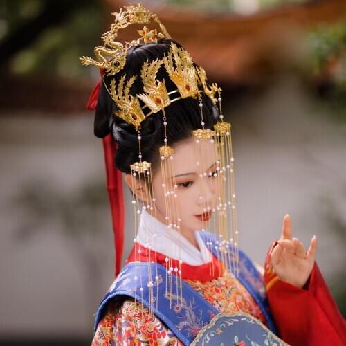 Qing Huan LYZ Nonphysical Heritage Traditional Artwork Handmade Hanfu Hair Jewelry Tang Style Pearl Beading Curtain Hair Tiara