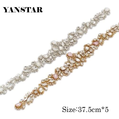 YANSTAR (10pcs)Wholesale Rose Gold Beaded Crystal Rhinestones Appliques Accesory For Wedding Dress Belt Iron Bridal Sash YS917