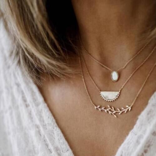 South Korea New Tassel Necklace Fashion Womens Jewelry White Opal Leaf Semicircle Geometric Multilayer Necklace