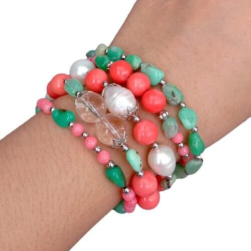 YYGEM 5 Strands Natural Pink Coral Green Chrysoprase Cultured White Rice Pearl Bracelet Ethnic style for women