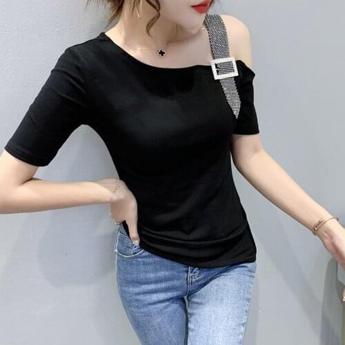 Summer Diamond shoulder strap T Shirt Women Short Sleeve Skew collar Slim Tshirt Tops