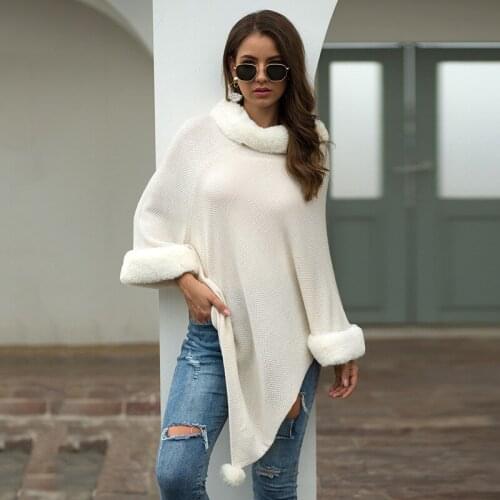 Female Cloak Chiristmas Sweater Autumn Winter Woman Sweater Solid White Batwing Sleeve Pullover Top
