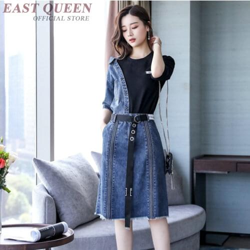 Women asymmetric dresses denim jeans female autumn fall fashion 2018 midi dress with belt streetwear patchwork FF466