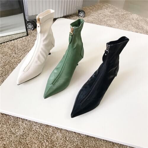 Women Satin Ankle Boots Pointed Toe Front Zipper Design Fashion Thin High Heels Pumps Boots Slip On Sexy Booties Woman Size 39