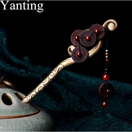 Yanting Simple Vintage Copper Alloy Hair Sticks For Women Wood Round Charms Classic Ethnic Hairpin Women Jewelry Gift 021