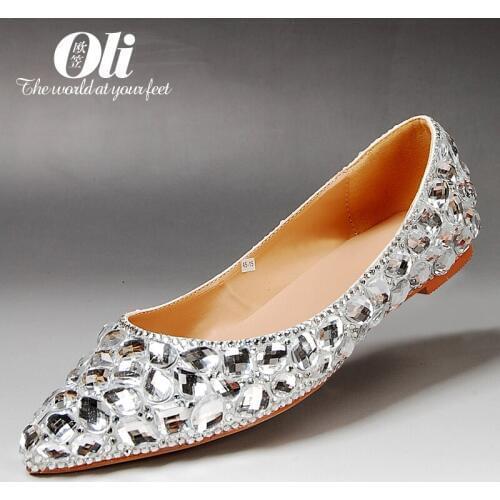 Spring flat pointed toe rhinestone single shoes female flat heel wedding shoes gem shallow mouth genuine leather crystal bridal