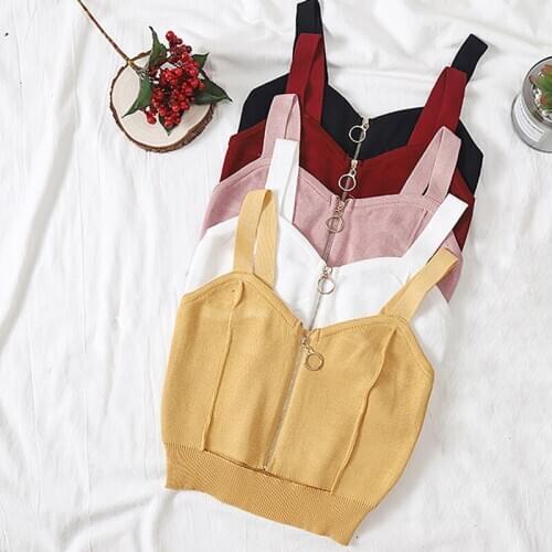 Women Crop Top Club Sexy Zipper Knitting Camisole With Hole Female Tank Tops Ladies Sleeveless Solid Simple Tops Women