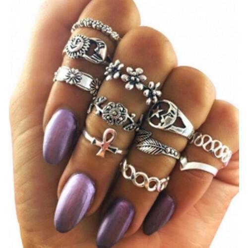 11 pc/set Hot Charm Retro Flowers Leaf Moon Midi Finger Ring Set for Women Girl Vintage Boho Party Rings Punk Jewelry Gift