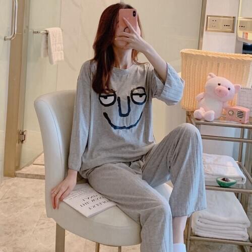 2021 Spring Autumn Long Sleeve Cotton Pajama Set For Women Cute Cartoon Sleepwear Suit Pyjama Homewear Pijama Mujer Home Clothes
