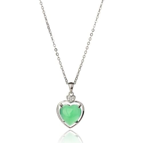925 Sterling Silver Necklace Malay jade green chalcedony lady Necklace heart-shaped Pendant 925Silver Necklace exquisite jewelry