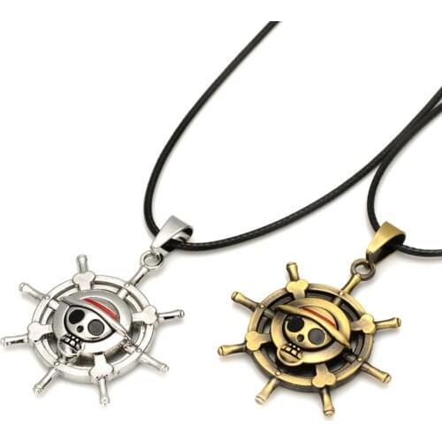 Free Shipping 12pcs/lot ONE PIECE Skeletion Skull Turntable Rudder Pendants Vintage Rope Necklace 2 Colors Options