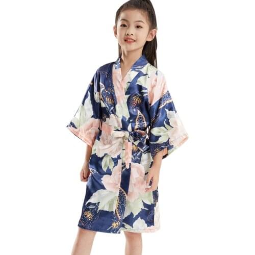 Kids Satin Pajamas Sets Peony Flower Print Robes Kimono Bath Navy Robe Sweet Girls Silk Bathrobe Nightgown