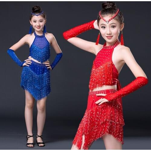Childrens Latin dance costume childrens Latin dance skirt Latin contest costumes new sequins tassels Dress Practice clothes