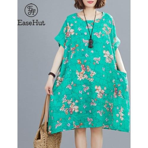 EaseHut Women Loose Dress Vintage Floral Print Pockets Short Sleeve Oversized Holiday Boho Casual Shift Dress Lady Midi Dress