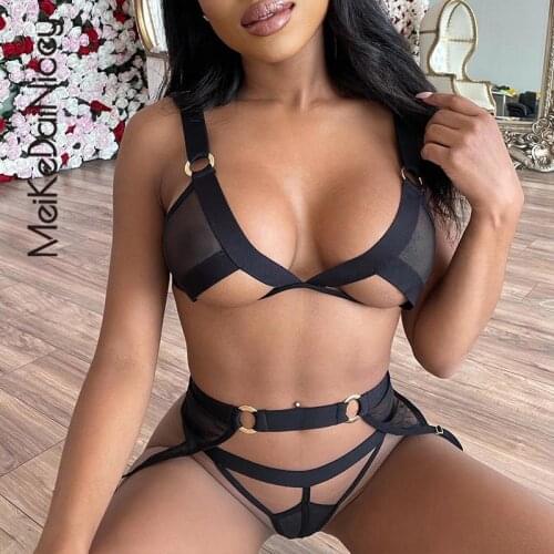 MeiKeDaiNicey Lace Hollow Out Lingerie Sexy 3 Piece Set Wireless Lace Erotic Lingerie Underwear Women Set Sensual Lingerie Sexy