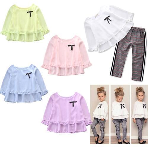 Fashion Baby Kids clothes Girls Clothing Set 2PCs Outfits Ruffle T Shirt Tops+Checked Pants Clothes Set roupas menina