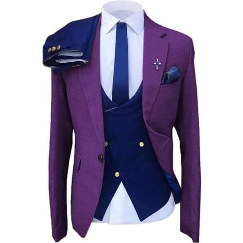 Mens Formal 3 Pieces Mens Suit Slim Fit Notch Lapel Blazers Blue Tuxedos For Wedding Groomsmen (Blazer+Vest+Pants)Costume Homme