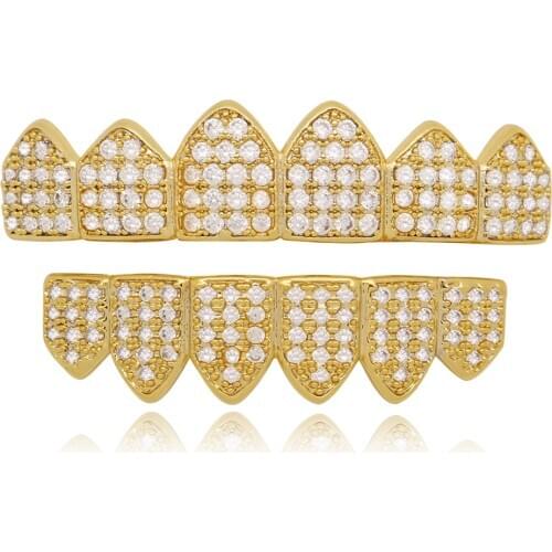 LuReen Hip Hip Gold Teeth Grillz Top Bottom Silver Color Grills Set Cubic Zirconia Vampire Fangs Tooth Caps Mouth Jewelry Gift