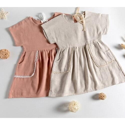 Girls Cotton And Linen Lace Pocket Dress Summer New Style Children Solid Color Casual Short-Sleeve Dresses WT004