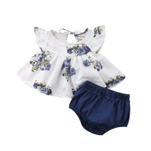 Newborn Infant Kids Baby Girl Floral Ruffles Tops Dress+ Navy Blue Shorts Pants Clothes Outfits
