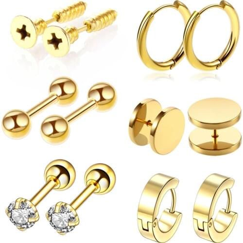 Barbell Punk Gothic Stainless Steel Ear Piercing Stud Hoop Ring Earrings for Women Girls Jewelry Set (6 Pairs)
