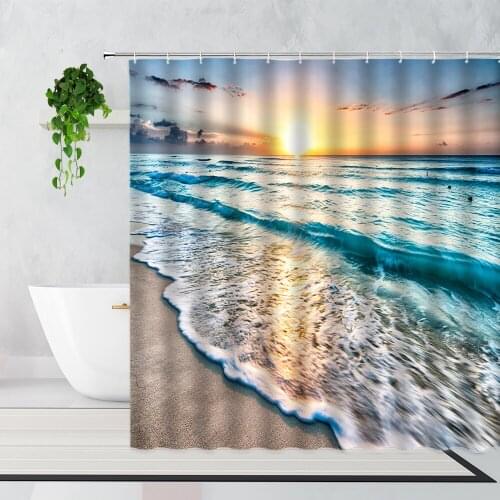 Sunset Beach Natural Scenery Shower Curtain Blue Sea Waves Home Bathroom Decoration Curtains Waterproof Bathtub Screen Polyester