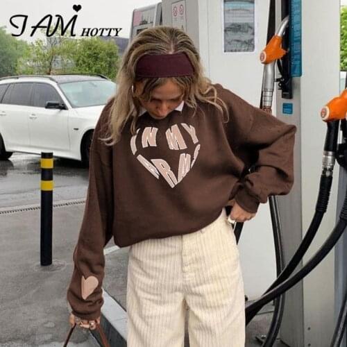 Y2k Letter Heart Printed Oversized Hoodie Women Brown Aesthetic Grunge Sweatshirt Crewneck Long Sleeve Pullovers Autumn Iamhotty