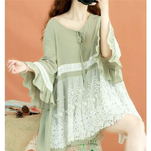 Mori Girl Flare Sleeve Lace Patchwork Sweet Princess Shirt Female Oversized Cotton Linen Summer Pullover Women Bean Green Blouse