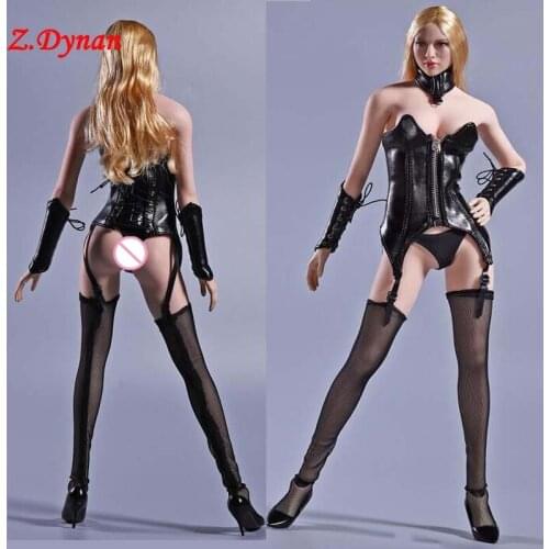 IN STOCK 17XG08 1/6 Scale female sexy clothes leather underwear Garter belt Fishnet stockings heels set fit 12'' action dolls