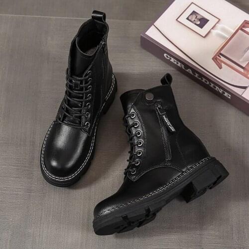 Women Winter Boots Genuine Leather Platform Boots Black Martens Ankle Boots Motorcycle Thick Heel Platform Boots Booties Heels