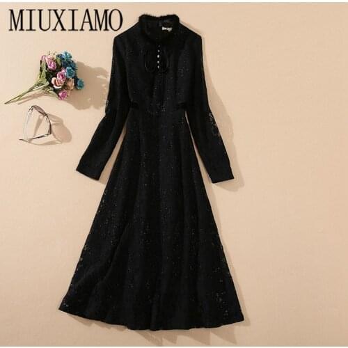 MIUXIMAO Luxurious 2020 Fall Dress Women Black Lace Diamonds Dress Solid Slim Office Lady Casual Dress Women Vestidos With Belt
