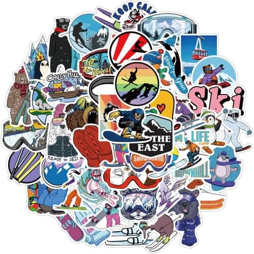 50 PCS Skiing Sticker Pack Winter Outdoor Sport Graffiti Cartoon Stickers for Snowboard Skateboard Helmet Car Laptop Suitcase