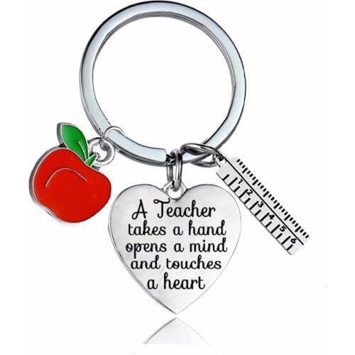 12PC/Lot A Teacher Takes A Hand Opens A Mind And Touches A Heart Keychain Gifts Apple Ruler Charms Keyrings For Teachers Jewelry