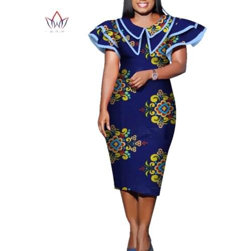 2021 Summer African Dress for Women Africa Bazin Riche Print Elegant Mid-Calf Lady Dress Plus Size Women Midi Dress WY5708