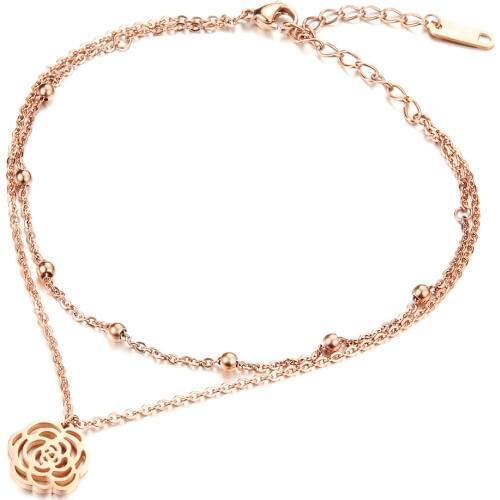 Hot Sale Stainless Steel Rose Gold Color Flower Shape Pendant Bracelet Anklets On Leg Summer Beach Foot Ankle Jewelry for Women