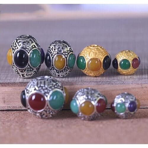 5pcs Tibetan Nepal Handmade Beads Men Women Jewelry Ethnic Charms Gold Color Silver Color Bracelet Necklace Buddha Spacer Beads