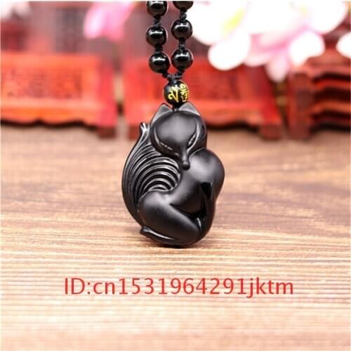 Beads Fox Amulet Jade Pendant Chinese Natural Obsidian for Black Gifts Fashion Women Necklace Charm Jewelry