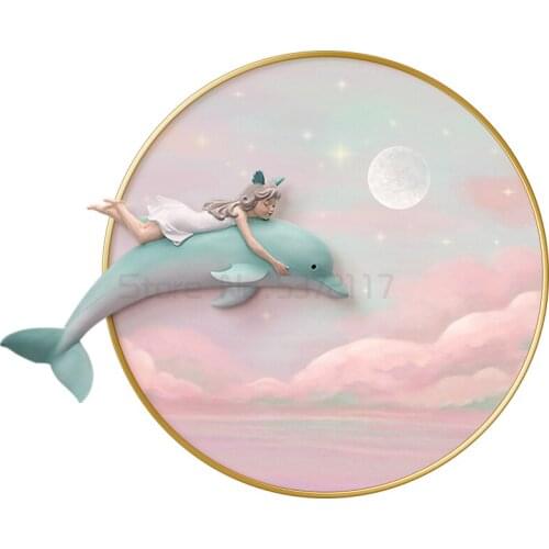 Childrens room decoration painting three-dimensional wall painting dolphin Girl Bedroom bedside mural room hanging painting