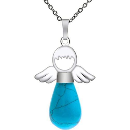 FYJS Unique Silver Plated Angel Wing Blue Turquoises Stone Pendant Water Drop Necklace Classic Jewelry