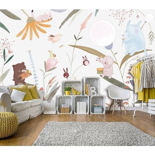 Tuya Art cute cartoon animal and flowers art mural wallpaper decoration for kids bed room nursuary room discount free shipping