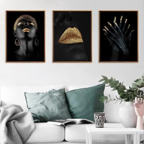 Beautiful Black African Womens Golden Lips Decorative Painting Living Room Corridor Hanging Painting Frameless Painting Poster
