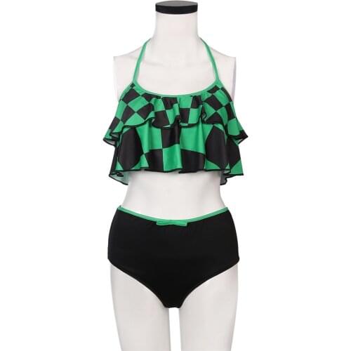 Kamado Tanjirou Swimsuit Demon Slayer Swimming Suit Green Grid Kimetsu no Yaiba Tanjirou Swimwear Cosplay Outfits