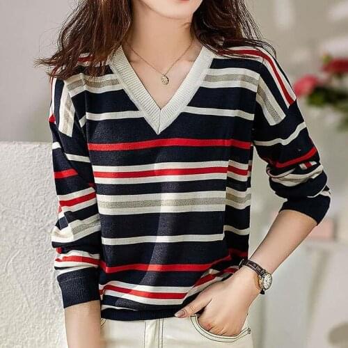 LJSXLS Long Sleeve Knitted Sweater Ladies Loose Striped Sweaters Korean Fashion V Neck Women Pullovers Sueter Mujer 2021 Winter