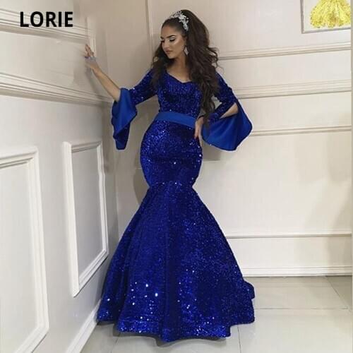 LORIE Dubai Evening Dress V-Neck Long Sleeves Royal Blue Prom Gown Sequins Custom Made Mermaid Formal Party Dresses Plus Size