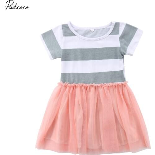 Lovely Kids Baby Girl Tutu Lace Dress Cotton Gray and White Strip Short Sleeve O-Neck Knee-Length Dress 2-10Years Helen115