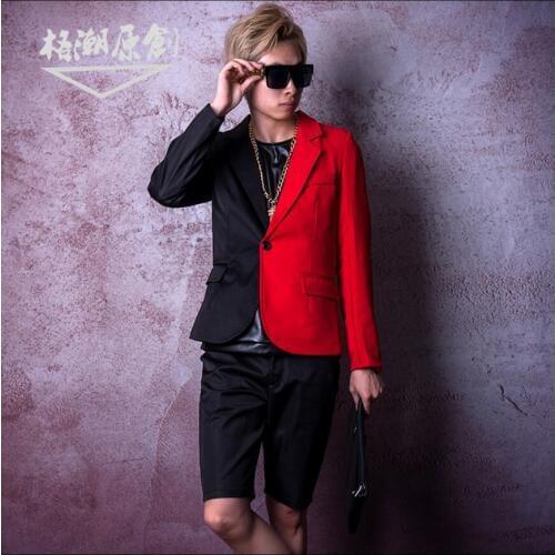 Men Black Red Stitching Suit Singer Dsdj Big Show Catwalk Gd Jazz Hairdresser Bar Nightclub Stage Costume S-5xl