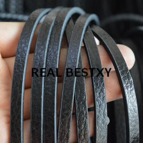 REAL BESTXY 5m/lot 6*3mm black flat leather cords with litchi rind pattern For Bracelet Making jewelry DIY leather straps