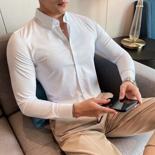 2021 New Shirts for Men British Style Long Sleeve Casual Business Dress Shirt Slim Social Party Tuxedo Blouse Brand Men Clothing