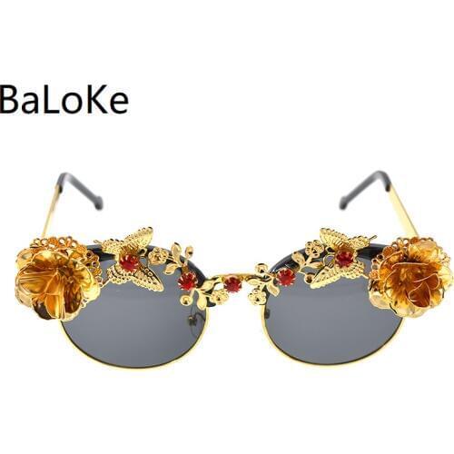 Women Crystal Oval Sunglasses New Brand Designer Flowers Sunglasses Female Alloy Frame Retro Shades Outdoor Sunglasses