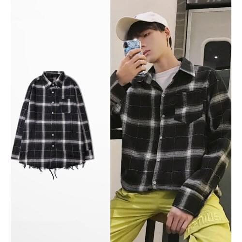 Hip Hop Style Vintage Mens Loose Plaid Shirts Male Autumn Fashion Streetwear Casual Long Sleeve Curved Hem Lattice Dress Shirt